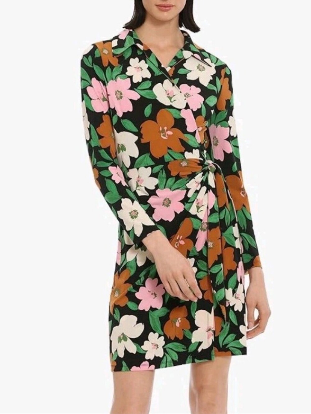 Floral Donna Morgan Wrap Dress Tie Waist Black Pink Green & Amber Size 12 EUC